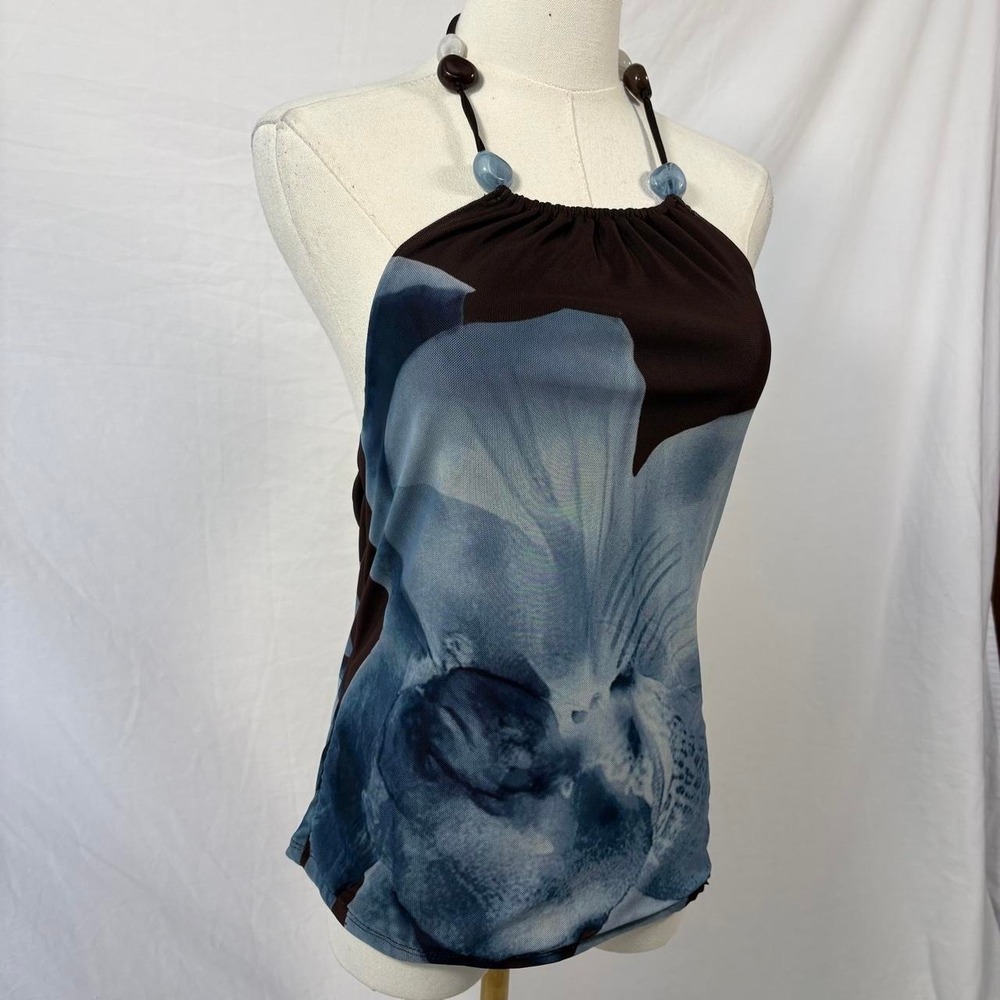 Rich & Famous brown blue floral halter top beaded size large y2k boho chic - Picture 4 of 7